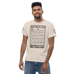 May include: A beige t-shirt with a black and white graphic print of a chart titled "Morality Alignments". The chart is divided into nine squares with different terms and descriptions in each square.
