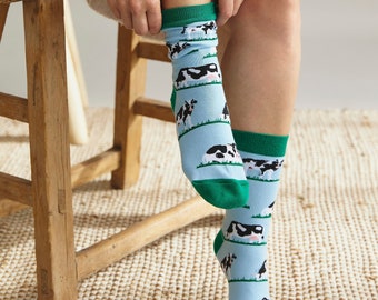 Cow Socks Unisex Mens Womens Cotton Novelty Funny Animal Natural Fibers Matching His Hers Happy Casual Office Business Country One Size