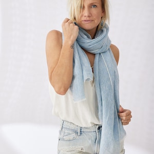 Blue Scarf 100% Linen Scarves Shawl Wrap Sarong Headscarf Large Oversized Womens Ladies Unisex Summer Autumn Winter Spring Natural