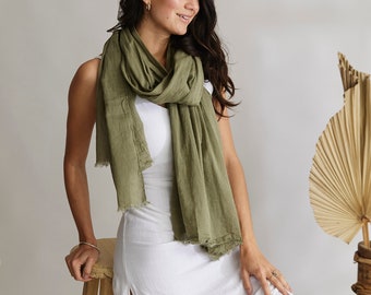 Khaki Scarf 100% Cotton Scarves Shawl Wrap Sarong Headscarf Large Oversized Womens Ladies Unisex Summer Autumn Winter Spring Boho Natural