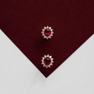 Oval Cut Ruby Stud/ 14K Gold Gemstone Earring/ July Birthstone Earring/ Ruby CZ Diamond Halo Earring/ Bridal Earring/ Bridesmaid Gift