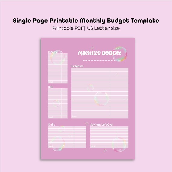 Monthly Budget Printable Single Page PDF Template Cute - Etsy