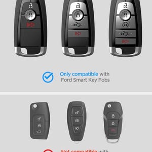 Puede incluir: La imagen muestra tres mandos de llave inteligente Ford negros con detalles plateados y tres mandos de llave plegable Ford. El texto dice: "Solo compatible con mandos de llave inteligente Ford" y "No compatible con mandos de llave plegable Ford".