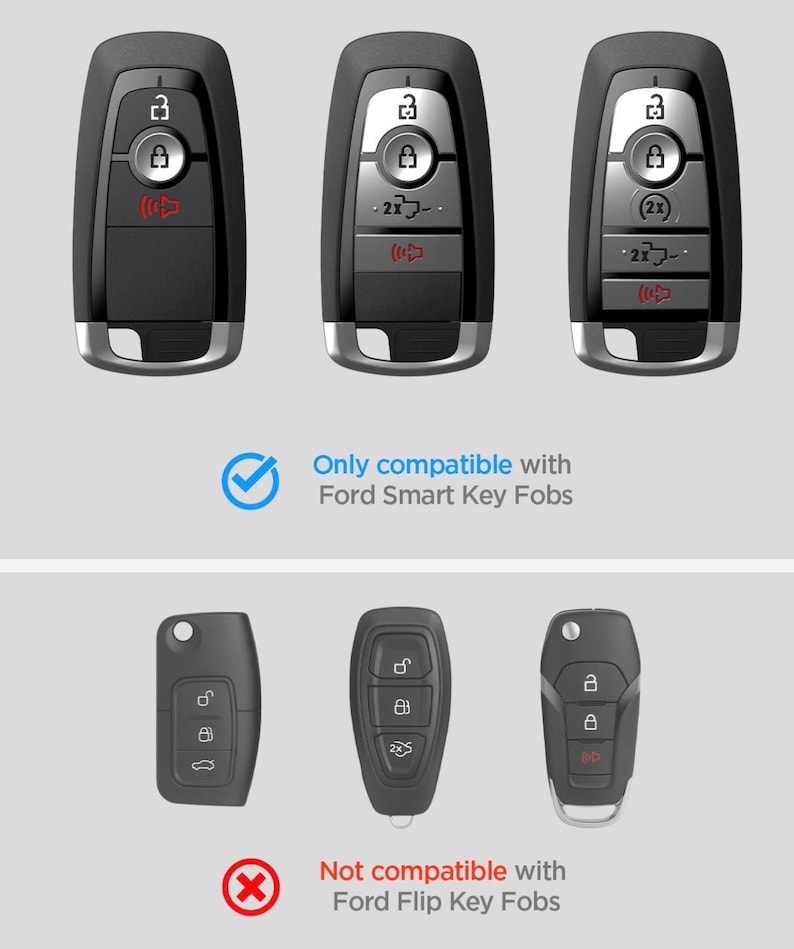 Puede incluir: La imagen muestra tres mandos de llave inteligente Ford negros con detalles plateados y tres mandos de llave plegable Ford. El texto dice: "Solo compatible con mandos de llave inteligente Ford" y "No compatible con mandos de llave plegable Ford".