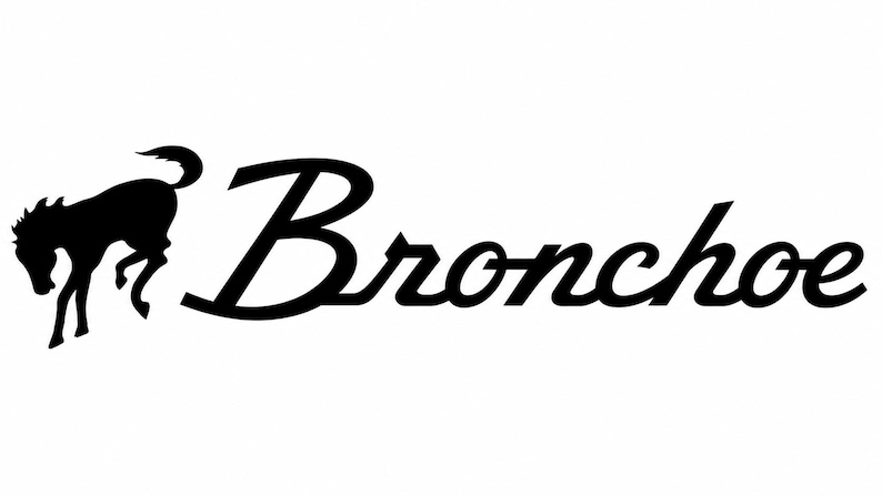 May include: A black graphic logo featuring a silhouette of a bucking horse positioned to the left of the word Bronchoe written in a stylized, cursive, black font against a plain white background.