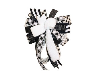 Black and White Bow for Wreath, Everyday Bow, Lantern Bow, Winter Holiday Bow, Tree Topper Bow, Buffalo Check Bow, Holiday Wreath Bow