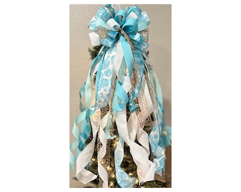 XL Coastal Christmas Tree Topper Bow, Turquoise Beach House Tree Topper, Extra Long Tail Option, Elegant Holiday Tree Decor