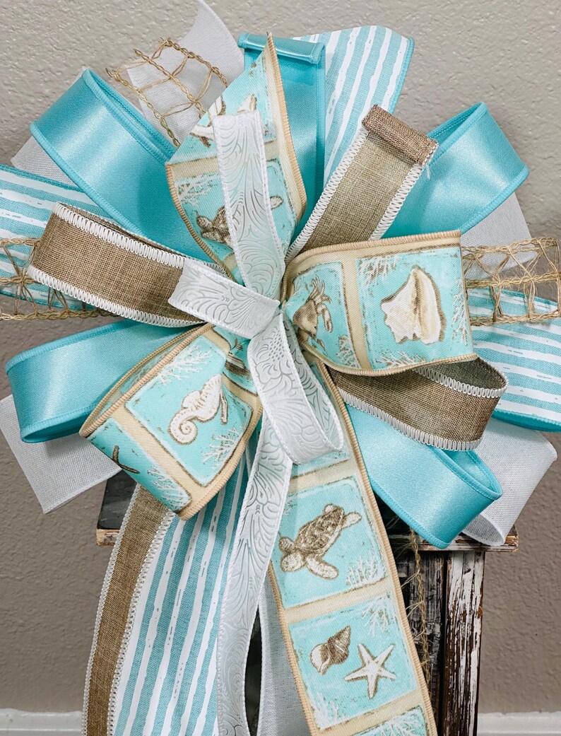 Wide Coasta Ribbon Coastal Stripe Bow, Beach Ribbon Bow, Aqua White Striped Bow, Nautical ...