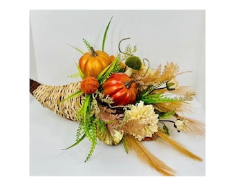 Fall Cornucopia Centerpiece, Thanksgiving Table Decor, Autumn Dining Table Arrangement, Pumpkin Fall Centerpiece, Neutral Fall Decor