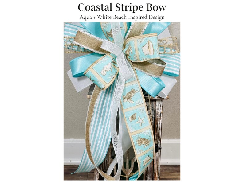 Wide Coasta Ribbon Coastal Stripe Bow, Beach Ribbon Bow, Aqua White Striped Bow, Nautical ...