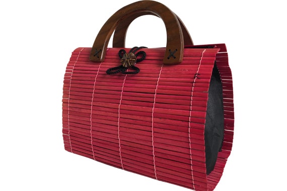 Handbag 1980s Raspberry Red Vintage Bamboo And Wo… - image 10