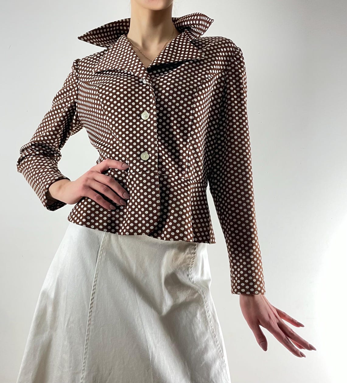 Polka Vintage Blazer Brown White Jacket, foto 1 di 5