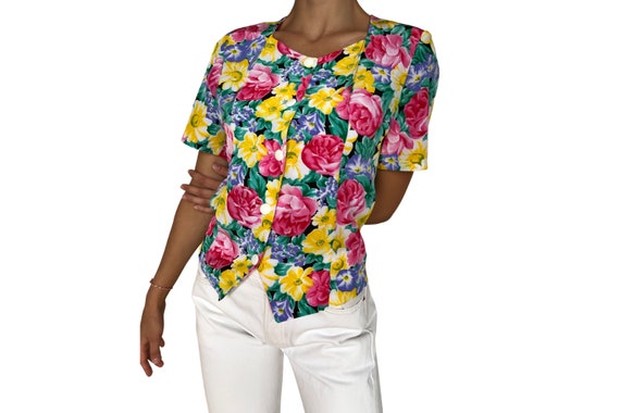 Blouse Padded White Buttons Up Pink Yellow Flower… - image 1