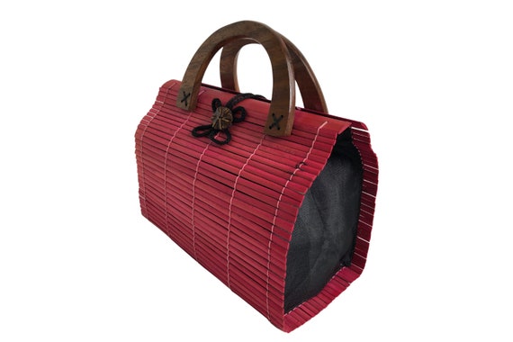 Handbag 1980s Raspberry Red Vintage Bamboo And Wo… - image 6