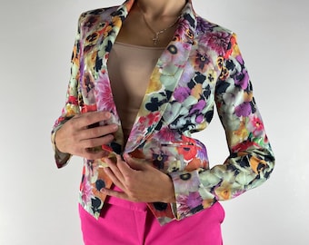 Floral Cropped Blazer Colorful Spring Statement Jacket Vintage 90s Size S