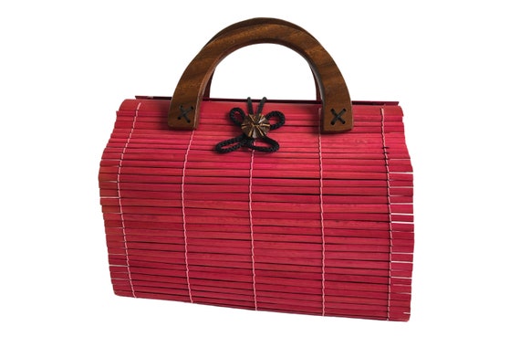 Handbag 1980s Raspberry Red Vintage Bamboo And Wo… - image 7