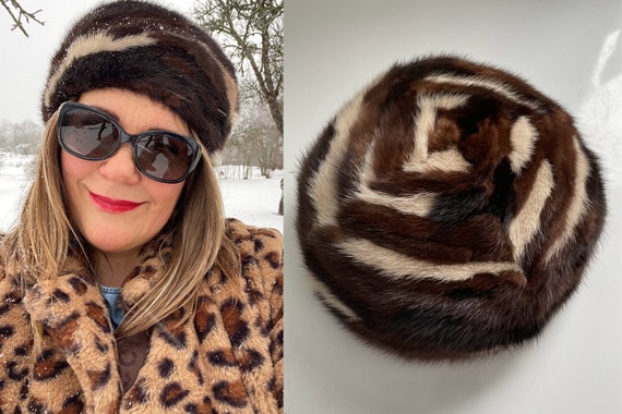 Natural mink fur winter hat brown beige vintage 8… - image 5