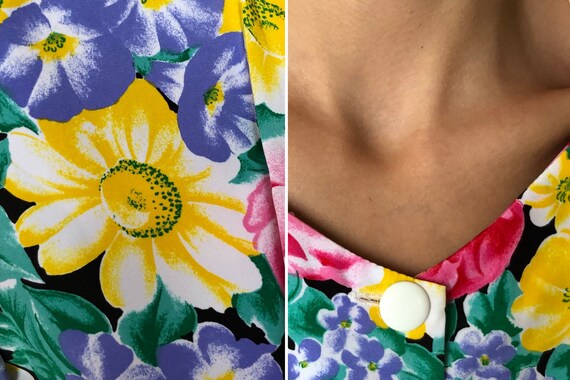 Blouse Padded White Buttons Up Pink Yellow Flower… - image 6