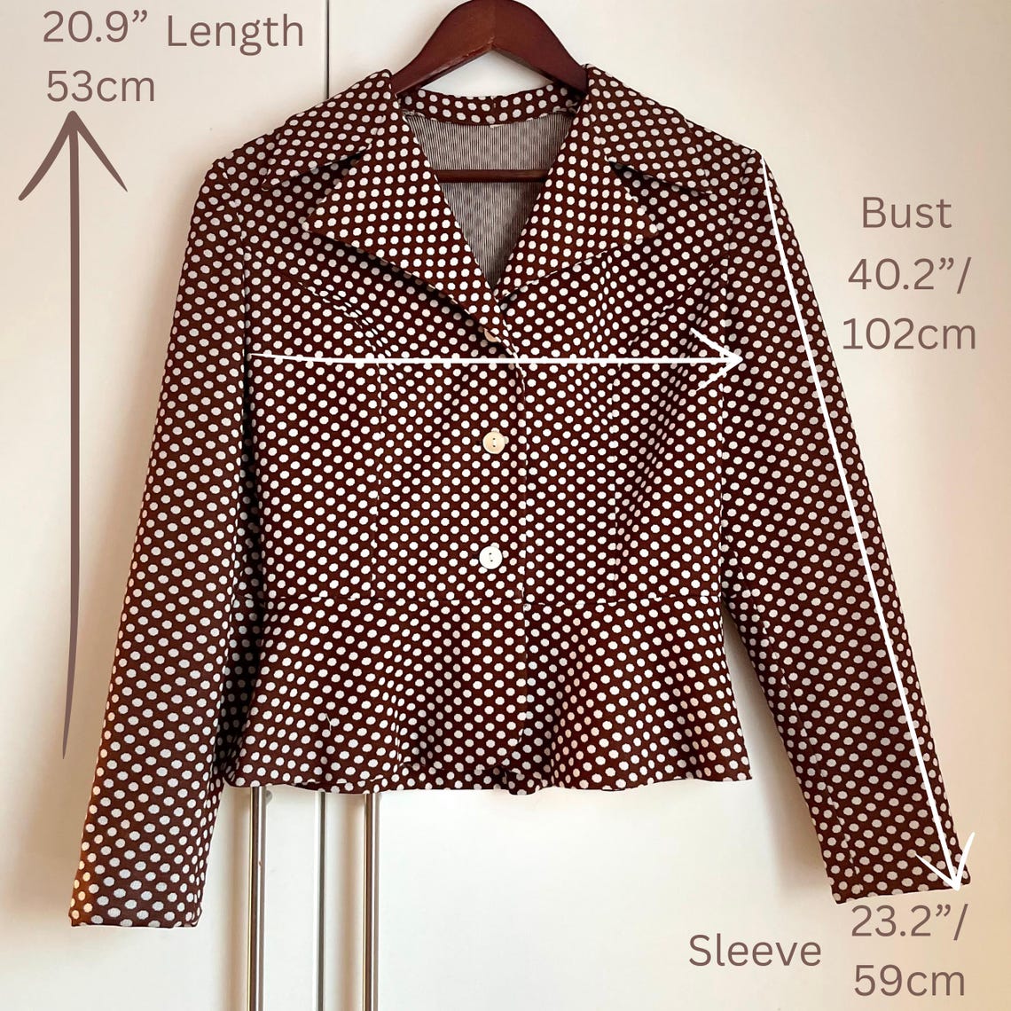 Polka Vintage Blazer Brown White Jacket, foto 3 di 5