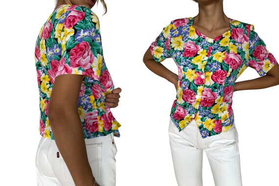 Blouse Padded White Buttons Up Pink Yellow Flower… - image 4