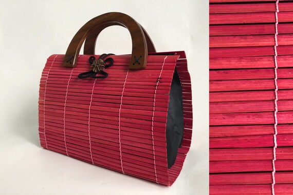 Handbag 1980s Raspberry Red Vintage Bamboo And Wo… - image 1