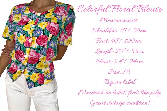 Blouse Padded White Buttons Up Pink Yellow Flower… - image 7