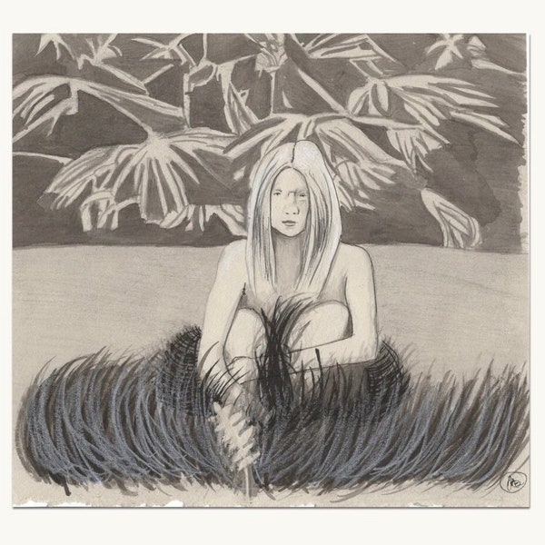 Drawing of nude girl sitting in grass long hair leaves