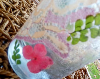 Frosted pressed flower and vintage lace candle holder.  Holiday gift botanical candle.