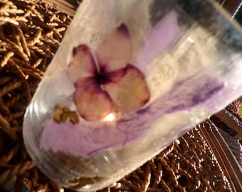 Pressed purple flower, sticker and vintage lace candle holder. Botanical frosted glass tealight candle holder with hydrangea and ferns