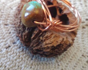 Turquoise and brown bead copper wire ring. Wire wrapped ring. Handcrafted earthy organic design ring.  Mother's Day gift.