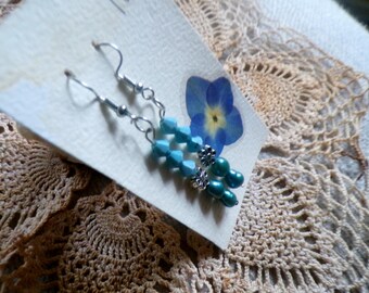 Blue pearl and blue bead handcrafted earring. Gorgeous peacock blue pearls and denim blue beads on silver wire. A lovely Valentine gift.
