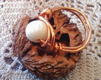 Handcrafted bone and copper wire wrapped ring, Organic design, Copper lover, Stocking stuffer, Boho ring, Stone lover, Valentine gift.