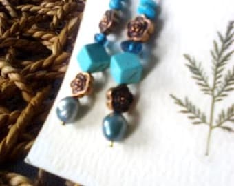 Turquoise and blue pearl dangle earrings with copper