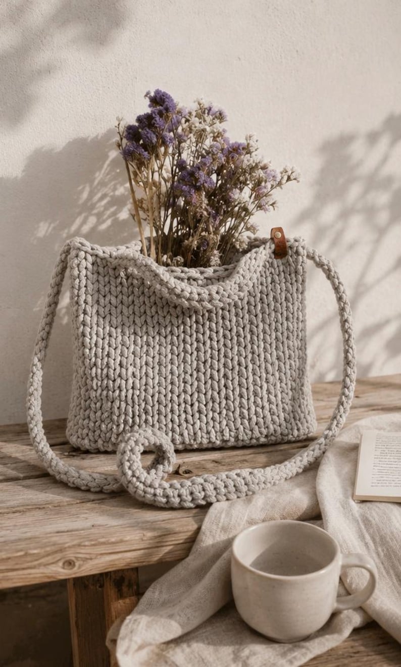 May include: A light gray hand-knitted tote bag with a thick cord texture and a single brown leather tab detail. The bag features a long shoulder strap and is filled with a bouquet of dried purple and white statice flowers, creating a soft aesthetic.