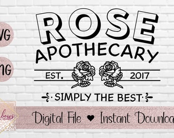 May include: Black and white logo design for a business called "Rose Apothecary" established in 2017. The logo features the words "Rose Apothecary" in a bold, stylized font with a banner underneath that reads "EST. 2017". Two stylized roses are on either side of the banner. The text "SIMPLY THE BEST" is below the banner.