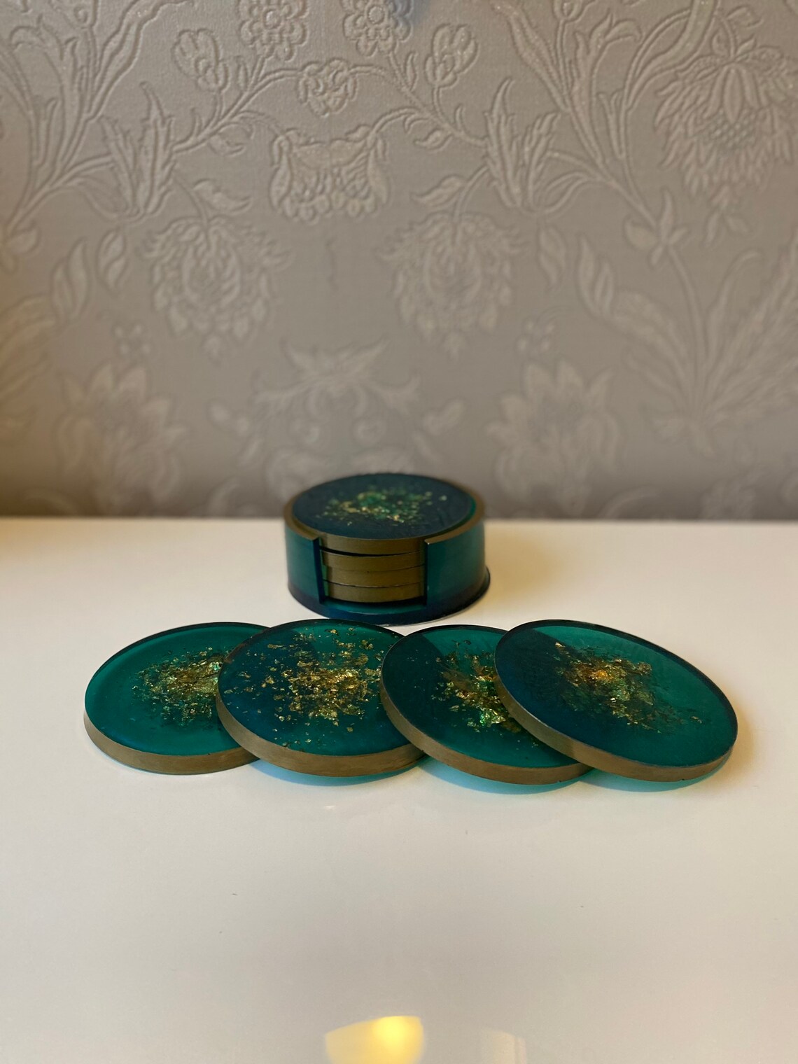 Teal Green Coasters With Holder 4 Set Etsy