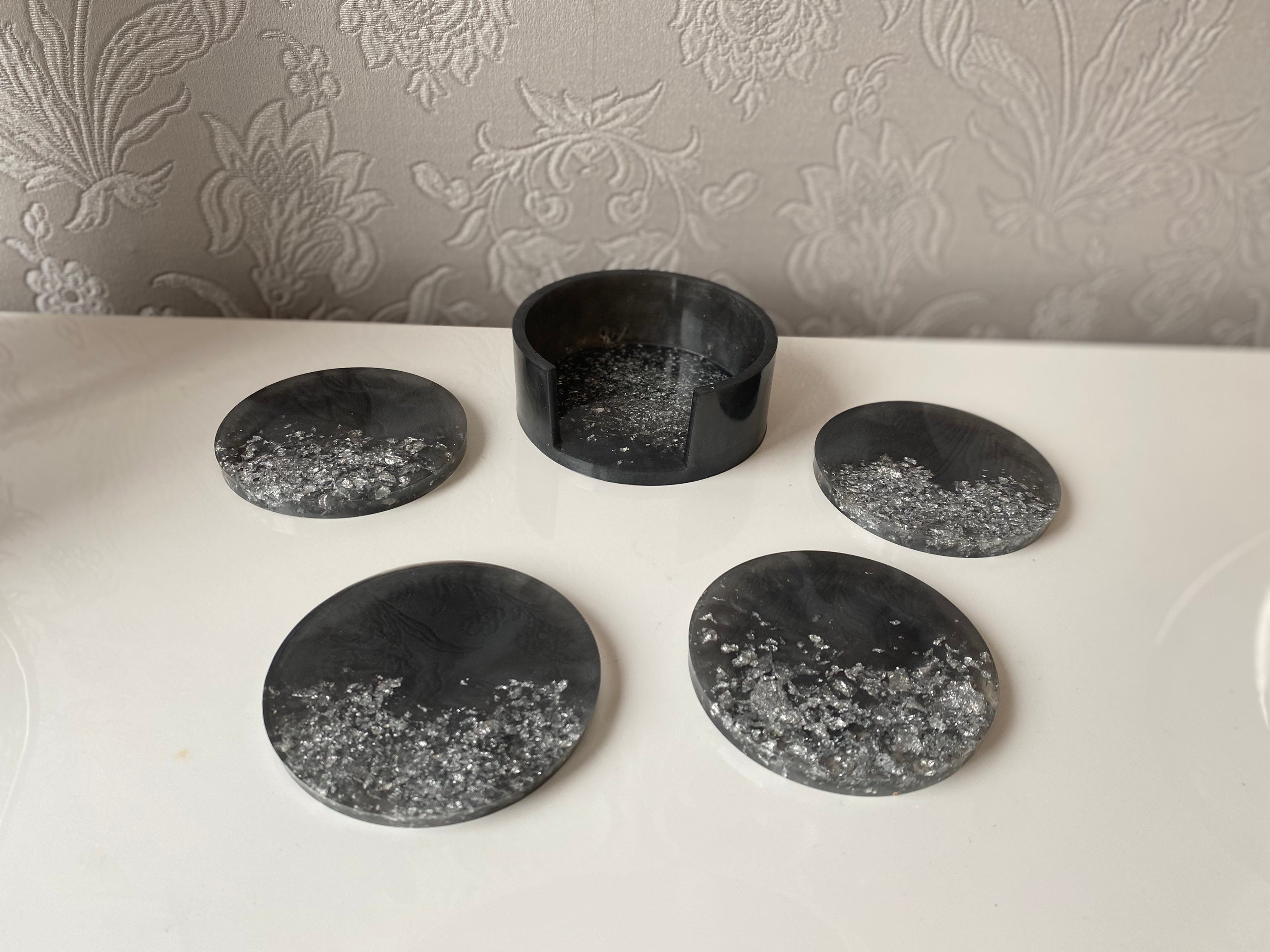 Black and silver coaster set 4 coasters and 1 holder Etsy