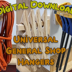 Puede incluir: Descarga digital para perchas de taller universales. La imagen muestra un conjunto de tres perchas de madera, un cable de extensión naranja enrollado y tres abrazaderas azules y negras.
