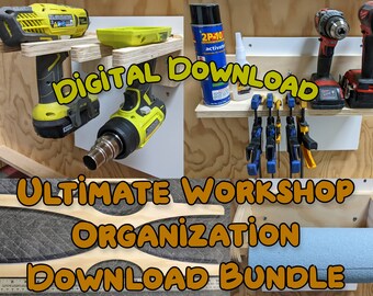 May include: A digital download bundle for ultimate workshop organization. The image shows a set of wooden shelves with tools and supplies, including a drill, a heat gun, clamps, and a roll of blue shop towels. The text "DIGITAL DOWNLOAD" and "ULTIMATE WORKSHOP ORGANIZATION DOWNLOAD BUNDLE" is displayed on the image.