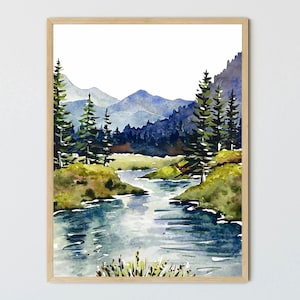 Mountain river art watercolor painting large wall art mountains forest art print neutral artwork nature watercolor landscape