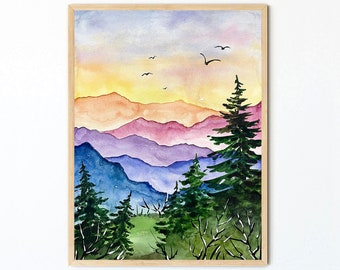 Great Smoky Mountains National Park Poster Vintage Smokey Mountains Travel Print Large Watercolor Art Print Landscape Painting