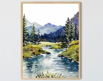 Mountain river art watercolor painting large wall art mountains forest art print neutral artwork nature watercolor landscape
