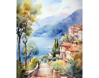 Capri Italy Painting Italian Seascape Watercolor Print Coastal Wall Art Italy Travel Poster Gift Coastal Landscape Art