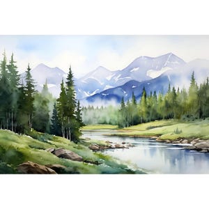 Rocky Mountains Art Print Canadian Rocky Mountains Poster Nature Home Decor Watercolor Landscape Painting Blue Green Wall Art