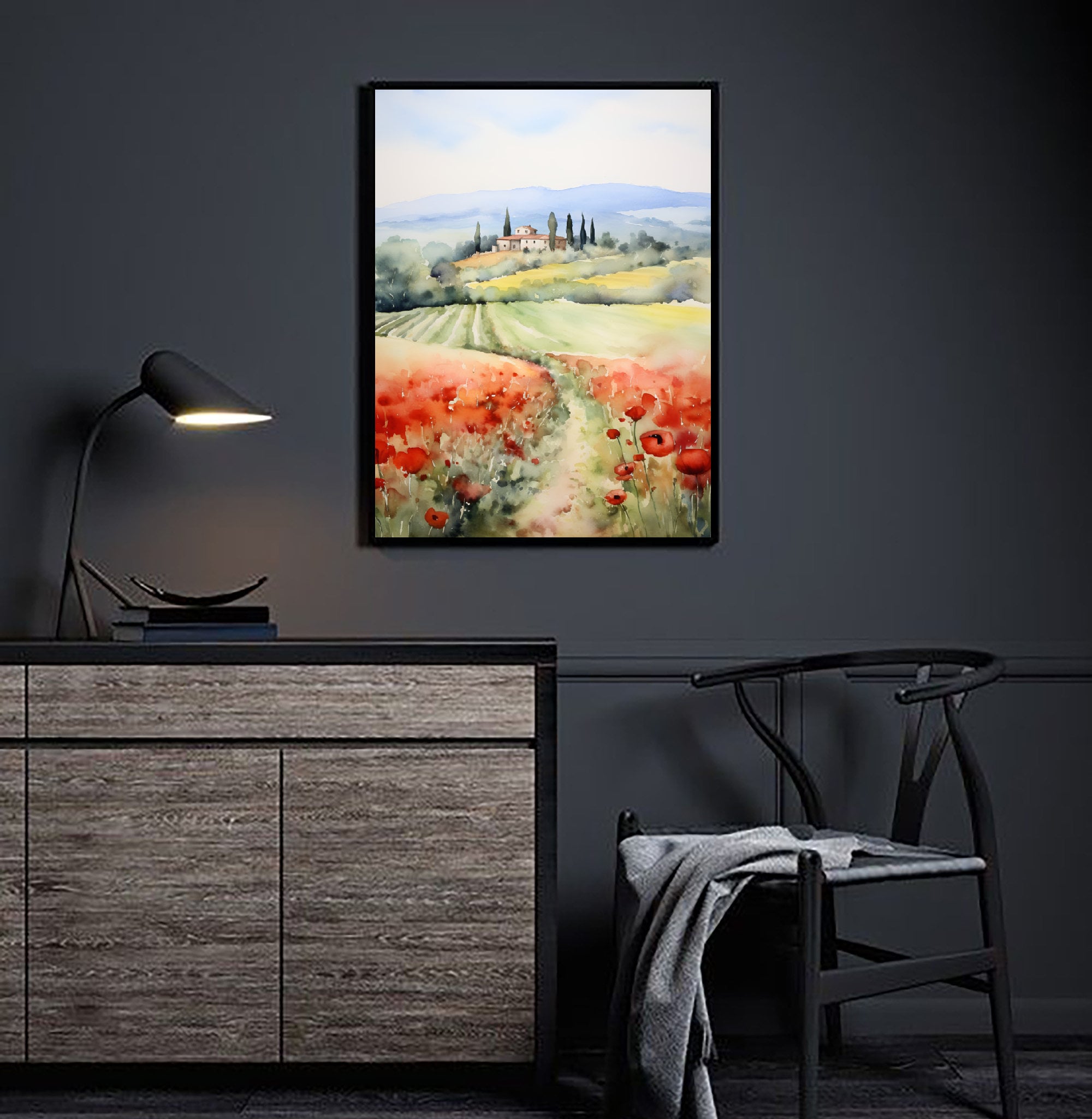 Tuscany Poppy Print Italy Watercolor Painting Italian Landscape Art ...