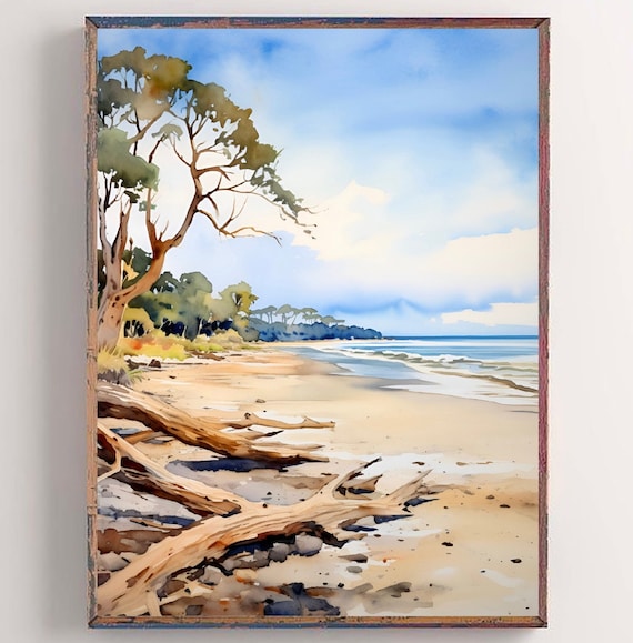 絵画 Sea side Jekyll Island Painting Georgia Watercolor Print Driftwood Beach