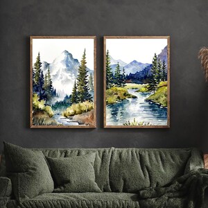 Set of 2 Mountain River Prints Watercolor Large Painting Minimalist ...