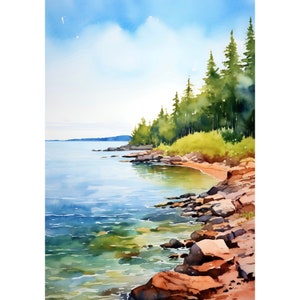 Lake Superior Painting Watercolor Art Print Forest Lake Poster Rock Shoreline Wall Art Michigan Landscape Art Great Lakes Travel Gift