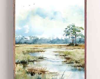 Bon Secour National Wildlife Refuge Painting Alabama River Landscape Art Print Watercolor Large Poster Indigo Blue Art Neutral Wall Art