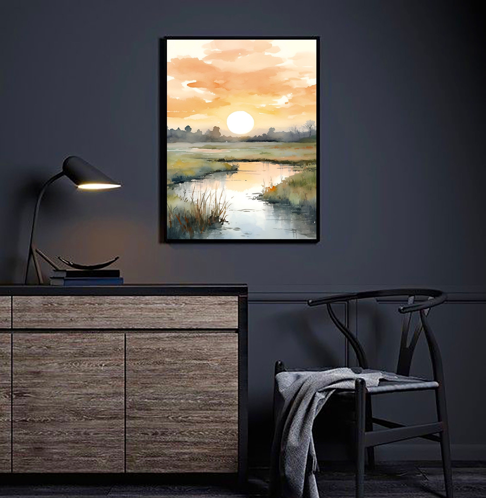 Sunrise Watercolor Print Large Neutral Painting Yellow Green